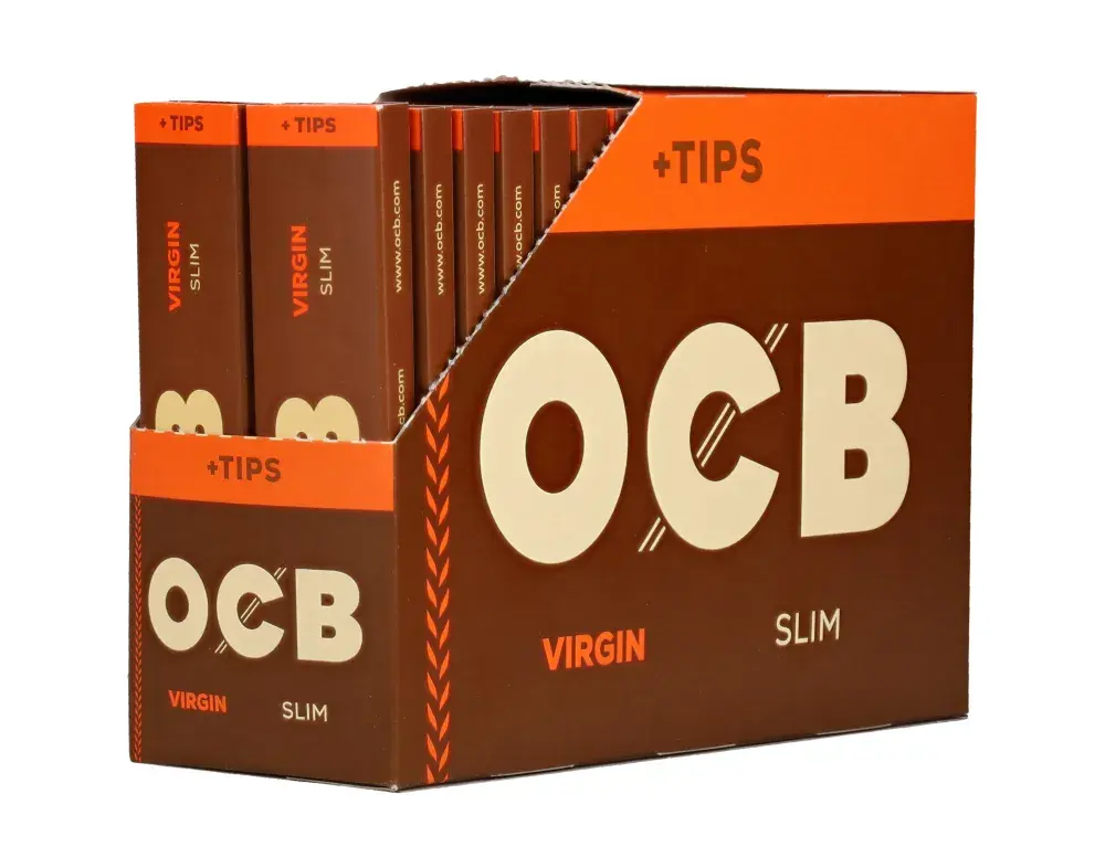 OCB VIRGIN Unbleached Kingsize Slim Papers & Tips (Box of 32 Packs)