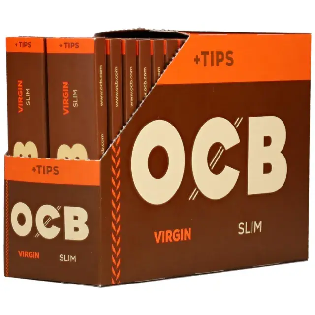OCB VIRGIN Unbleached Kingsize Slim Papers & Tips (Box of 32 Packs)