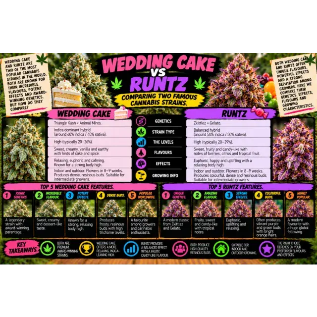 Cannabis Seeds: Wedding Cake vs Runtz: Comparing Two Famous Cannabis Strains.